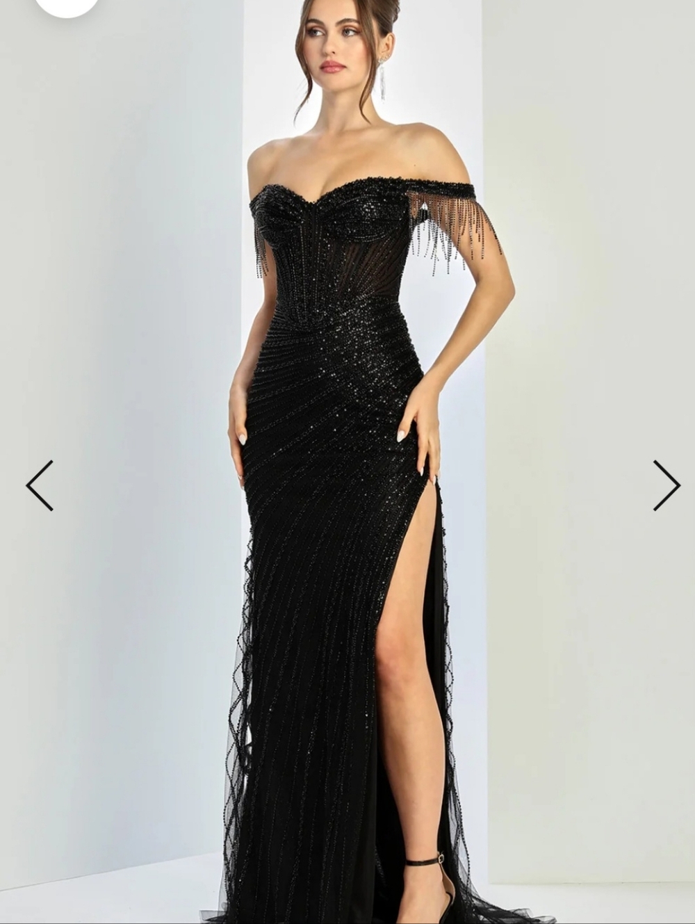 Black Beaded Evening Gown with Chain Fringe